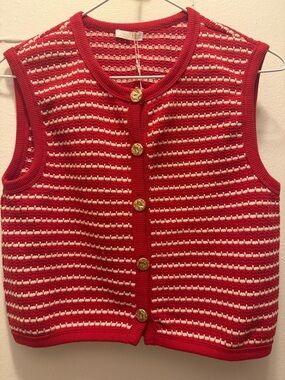 Zara Red & White Striped Knit Button Vest